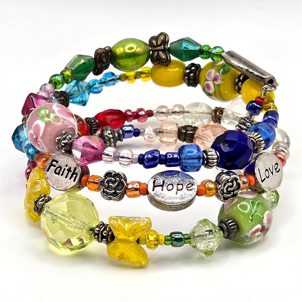 Multicolor Glass Beaded Memory Wire Wrap Bracelet Faith Hope Love Floral Charm